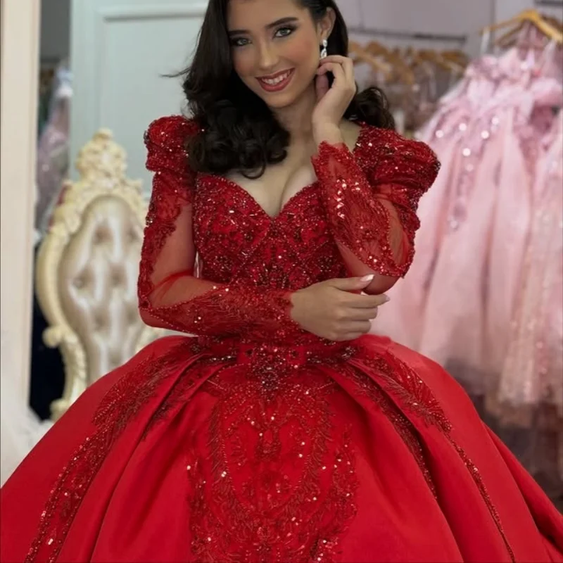 

Блестящее красное платье Quinceanera с открытыми плечами и блестящей наклейкой с длинным хвостом, роскошные платья de 15, Quinceanera ﻿ Настроить
