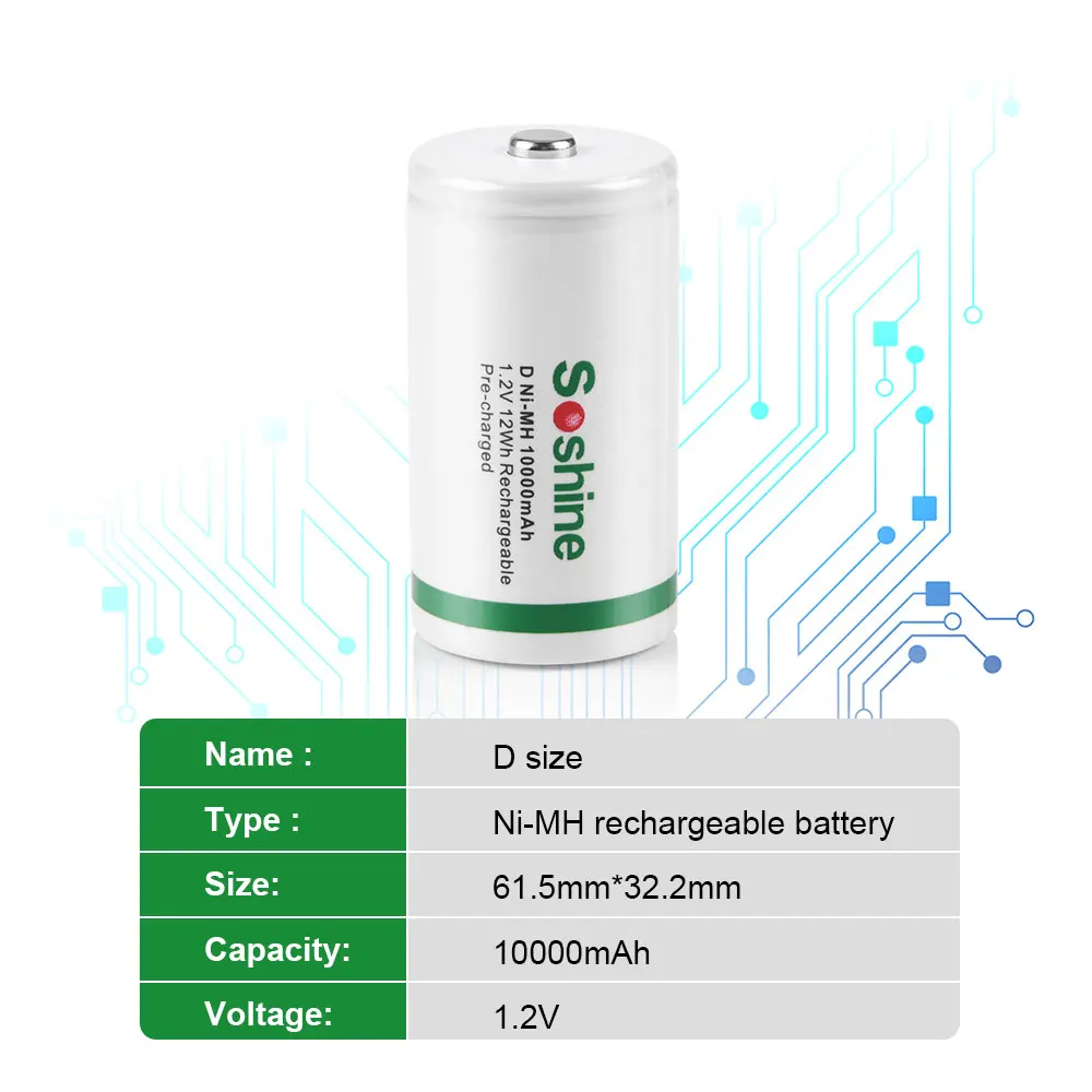 Soshine 1.2V 10000mAh D/R20 Size Battery NiMH 10000mAh Supper Low Self Discharge  Rechargeable Batteries High Capacity Battery