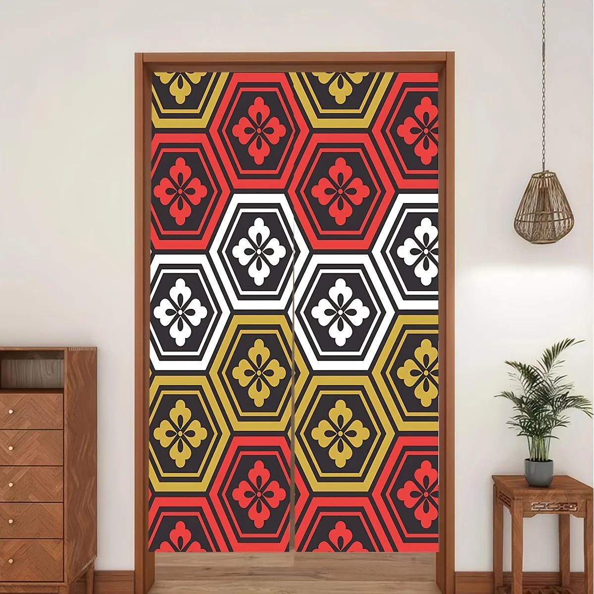 

1pc Fashionable Japanese hexagonal floral pattern door curtain for home decoration - suitable for entryway, bedroom, balcony