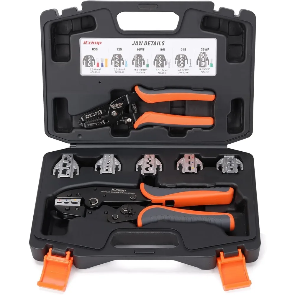 Набор инструментов для обжима с храповым механизмом из 8 предметов с быстрообменными губками для термоусадочных, открытых, изолированных наконечников AWG 20-2