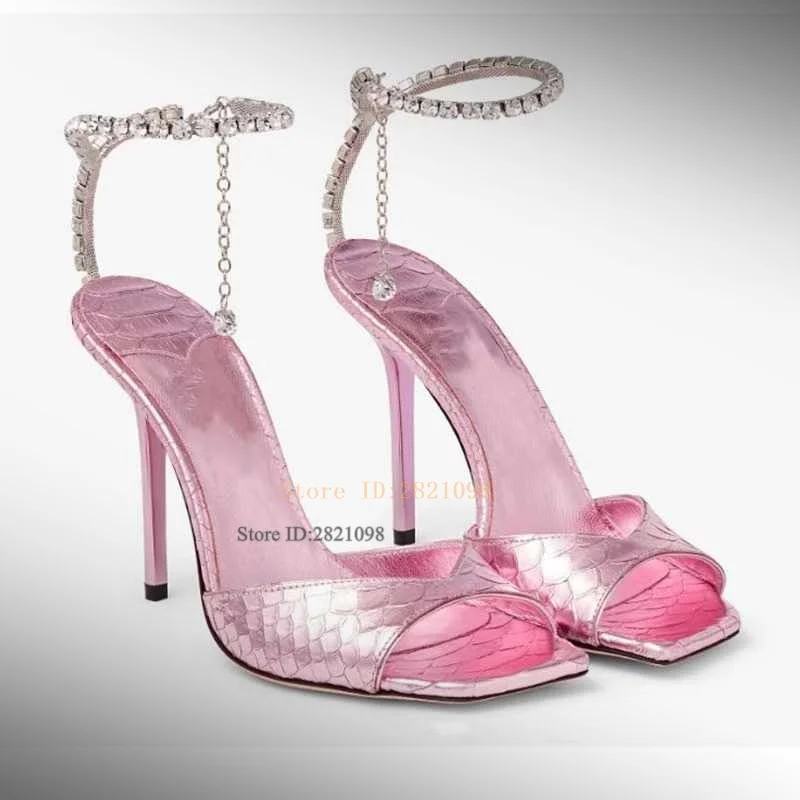 Pink Crocodile Print Rhinestone Square Toe Stiletto High Heel Sandals Ankle Wrap Chains Thin Heeled Women Summer Fashion Shoes