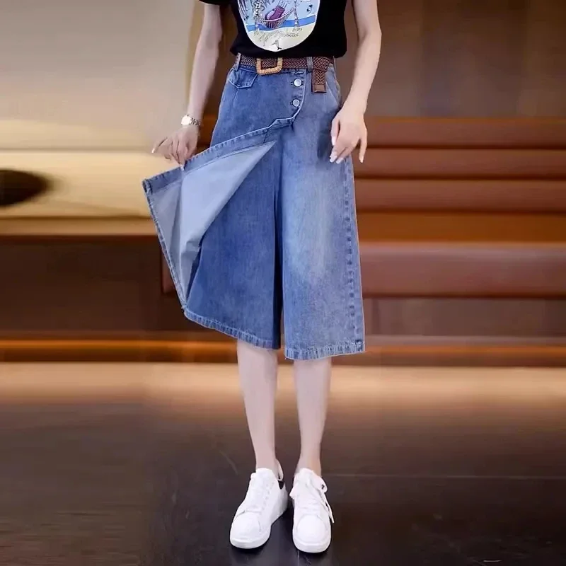 

Women's Wide Leg Cowboy Pants 2025 Spring Summer High Waisted Ladies Skirts Jeans Versatile Casual Seven Points Trousers ZT170