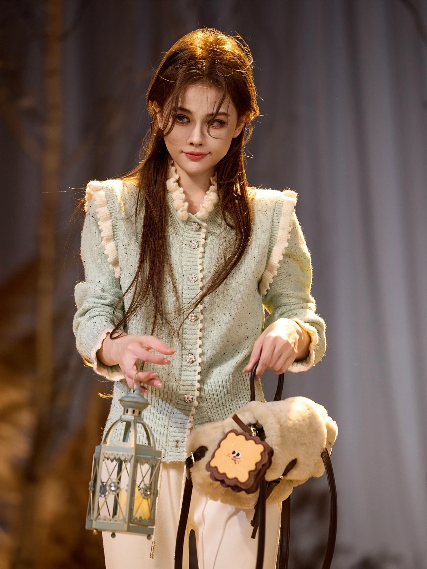 

Нежный вязаный кардиган Sweet Healing Pearl с пуговицами и кружевом, мятный, для девушек, осенне-зимний, с длинными рукавами, для женщин