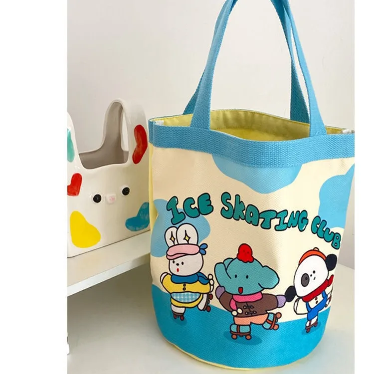 1Pc Cute Cartoon Animal Canvas Bucket Bag Mom Office Worker Lunch Box Bag Work Commute Handbag Women Travel Cosmetics Organizer