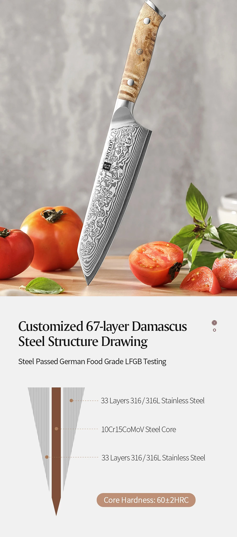 XINZUO 5,8 Zoll Bunka-Messer, 67-lagiger Damaststahl, Edelstahl, ergonomisch gestalteter Griff mit zarter Geschenkbox – Detail 3