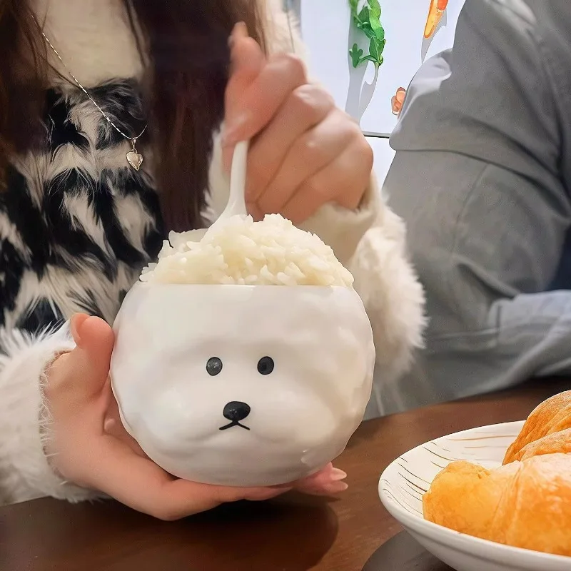Bichon Frise 3D Ceramic Bowl, Irregular Design Yogurt Snack Bowl, Cute Cartoon White Rice Bowl,Creative Healing Tableware Gift
