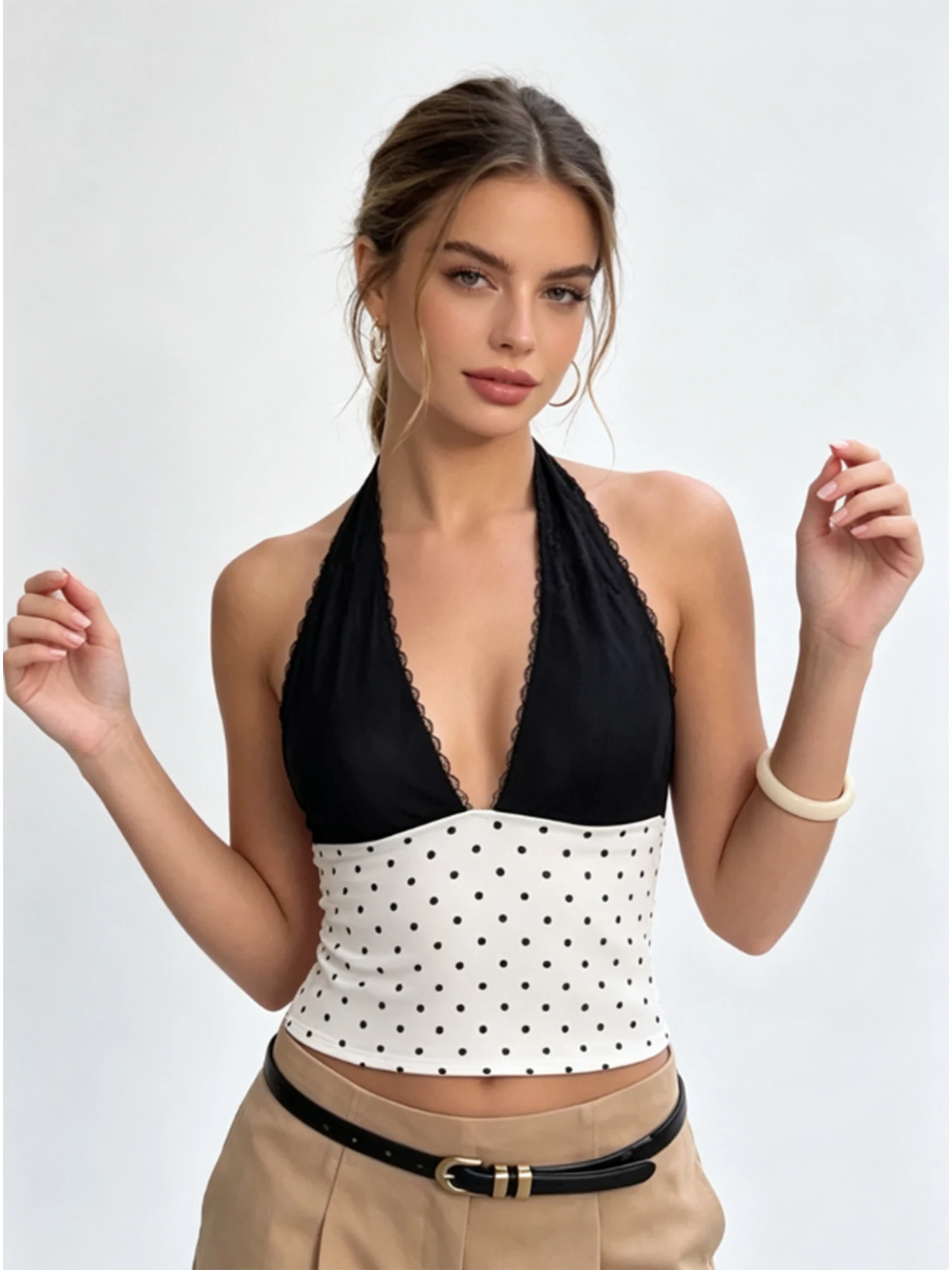 

Women's White Polka Dot Halter Neck Tank Top Vest Y2K Gyaru Sexy Cami Top Vacation Style Backless Deep V-Neck Cropped Top Summer