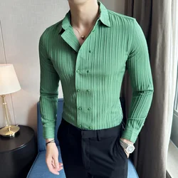 Britse Stijl Mannen Double Breasted Shirt 2023 Herfst Nieuwe Lange Mouwen Gestreepte Slim Fit Shirts Formele Zakelijke Social Party Smoking