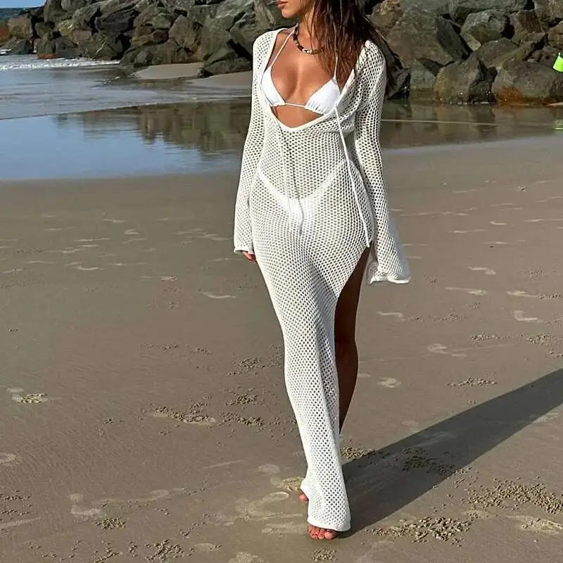 

New 2025 Beach Sunscreen Knitted Cover Up Women Casual Low Cut Long Sleeved Swimsuit Sexy Hollow High Waist Split Holiday Dress