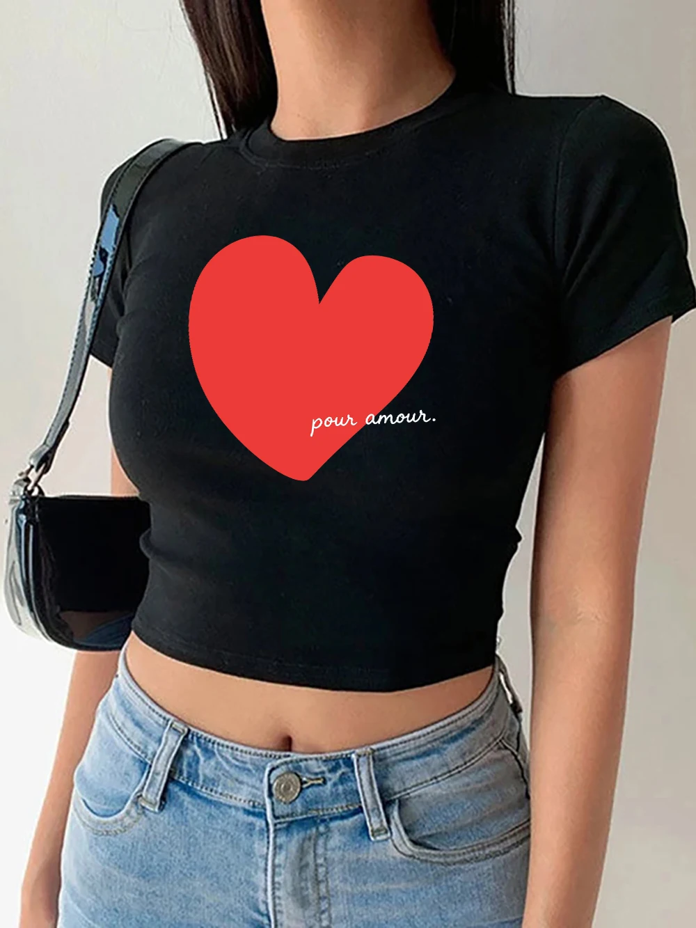 Pour Amour Heart Prints Womens Crop Tops Summer Soft High Elastic Streetwear Sexy Y2K Slim T Shirts Comfortable O-Neck Clothes