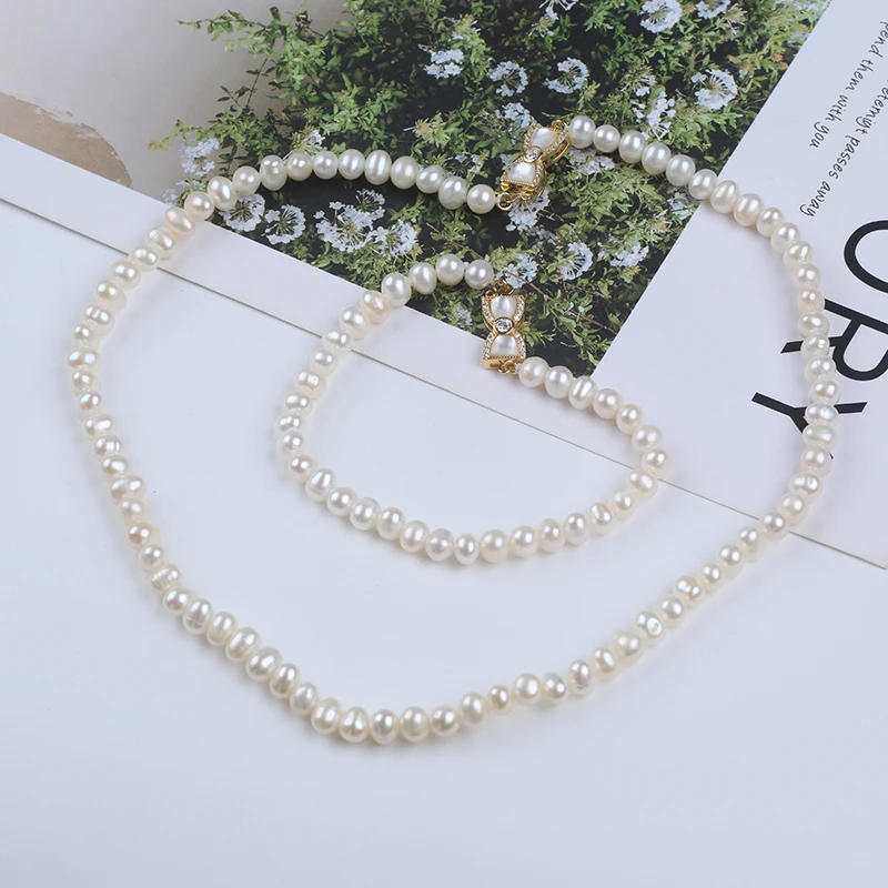 5-6mm White Color Potato Shape Freshwater Pearl 925 Sliver Plated 18K Gold Chain 39cm Necklace+17cm Bracelet Jewelry Set