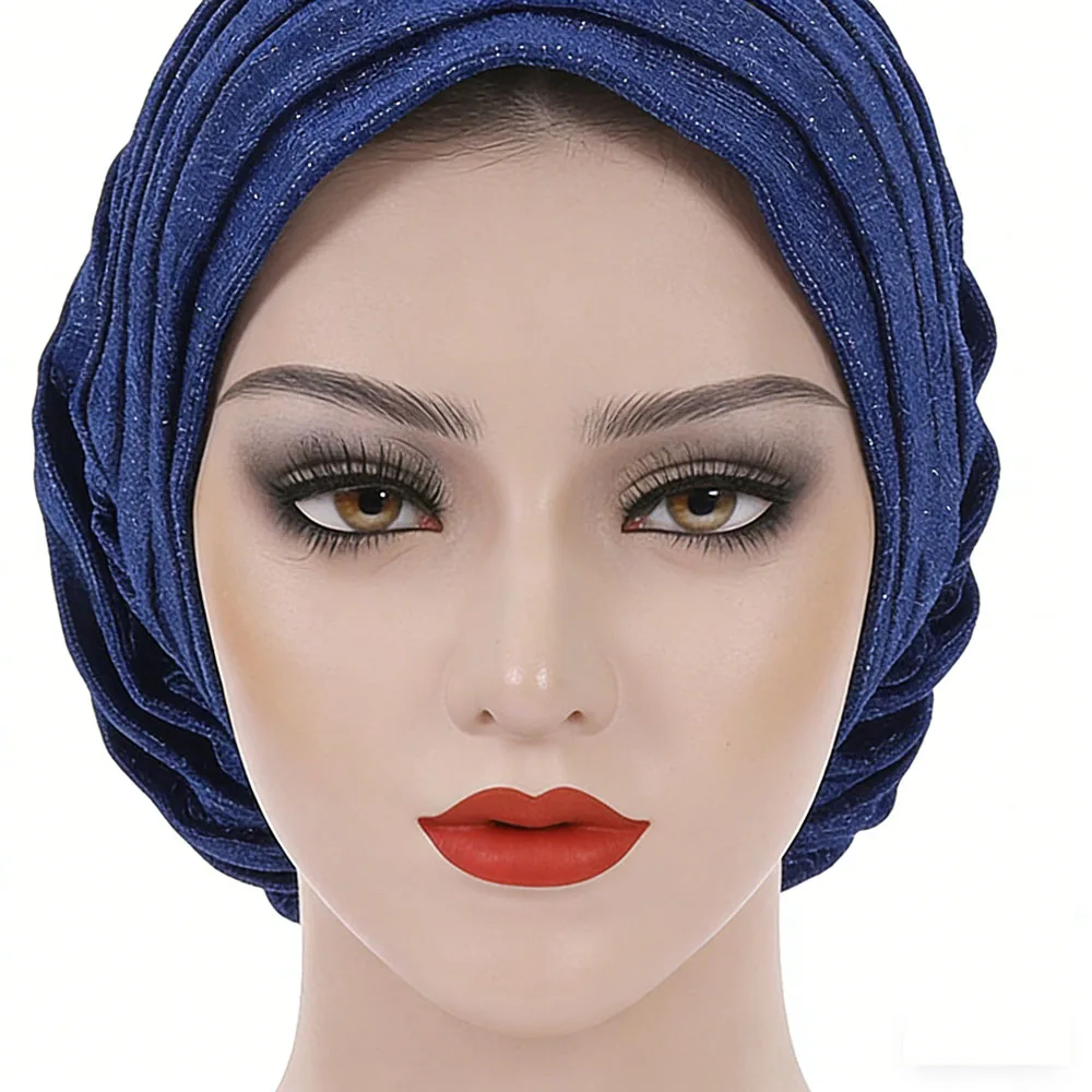 Glitter Geplooide Afrikaanse Tulband Cap Vrouwen Hijab Motorkap Hoofd Wraps Nigeria Party Hoofddeksel Vrouwelijke Bruiloft Auto Gele Hoofdtooi Hoed