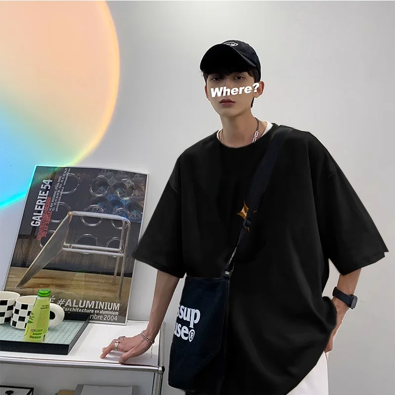 

Мужская футболка в американском ретро-стиле, летняя, оверсайз, повседневная, с круглым вырезом, с принтом, рукава «летучая мышь»