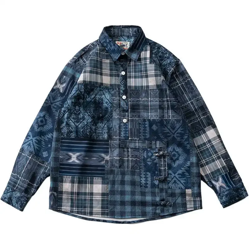 American Retro Horner Irregular Plaid Loose Casual Ethnic Style Long Sleeved Shirt Jacket Men's and Women's Fashion