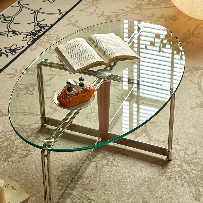 

Nordic retro coffee table oval living room 2023 household stainless steel glass extremely simple modern small apartment