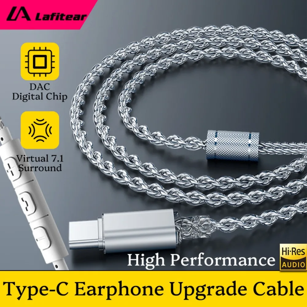 Lafitear cabo de atualização de fone de ouvido banhado a prata tipo C DAC S-PIN HIFI V7.1 estéreo USB-C para QDC KZ TRN IEMs