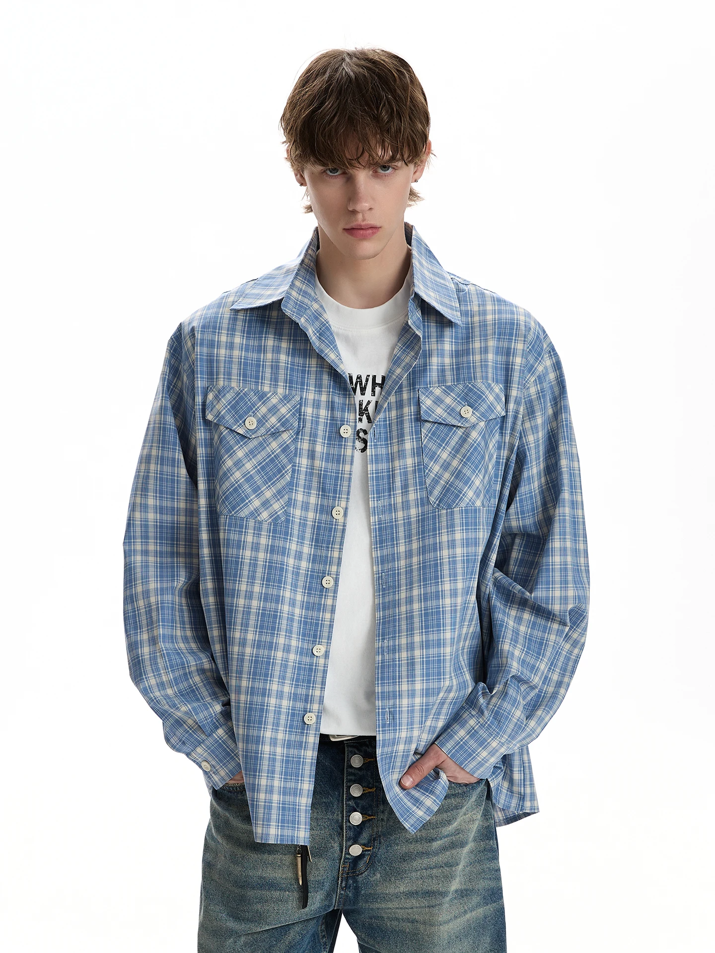 

Повседневная рубашка Cleanfit в американском стиле, в клетку, с длинным рукавом, свободного кроя, с отложным воротником, молодежная, из дышащего хлопка