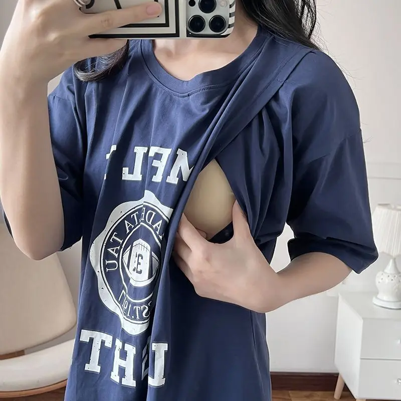 Nursing Dress Pregnant Breastfeeding Long T-Shirt Nightgown Women Summer Maternity Loose Feeding Clothing Pregnancy Home Clothes