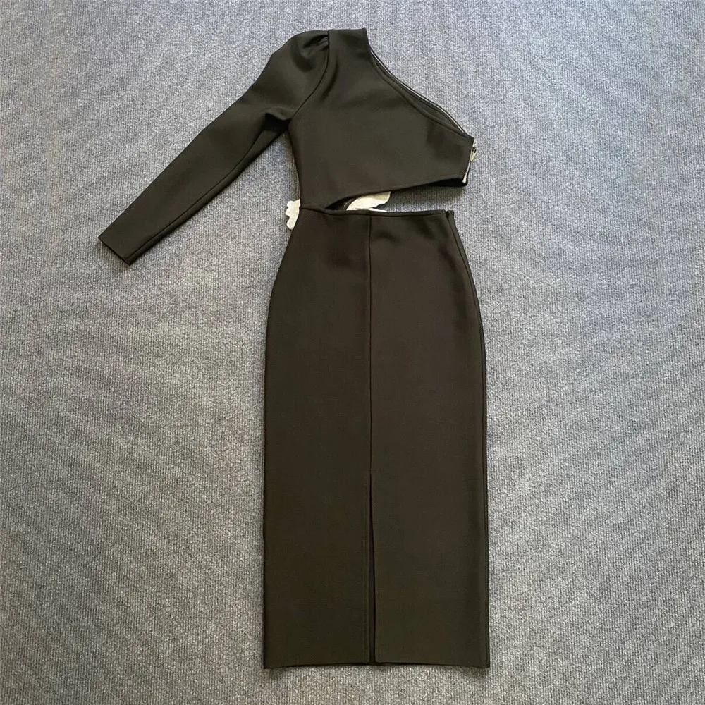 แฟชั่นหนึ่งไหล่แขนยาวชุด 2025 ฤดูใบไม้ร่วงเซ็กซี่ Hollow OUT Skinny ดอกไม้พรหมชุด Celebrity Club PARTY Wear