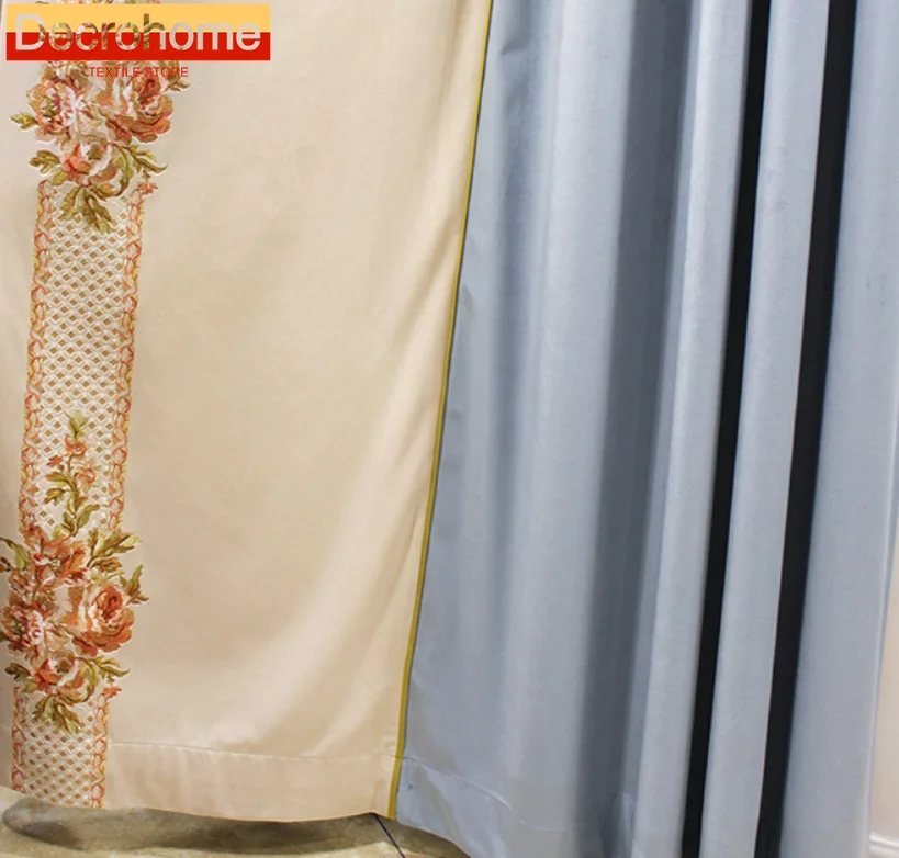American Customized Beige Embroidery Window Screen Velvet Patched Curtains for Living Room Bedroom French Window Balcony Valance