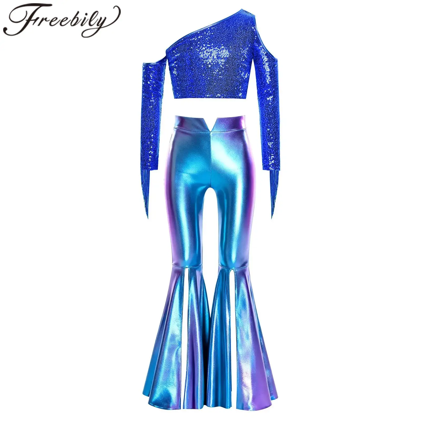 

Kids Girls Jazz Dance Costume Shiny Sequins Tassels Ballet Outfits Party Performance Metallic Streetwear 70s 80s Disco Outfits