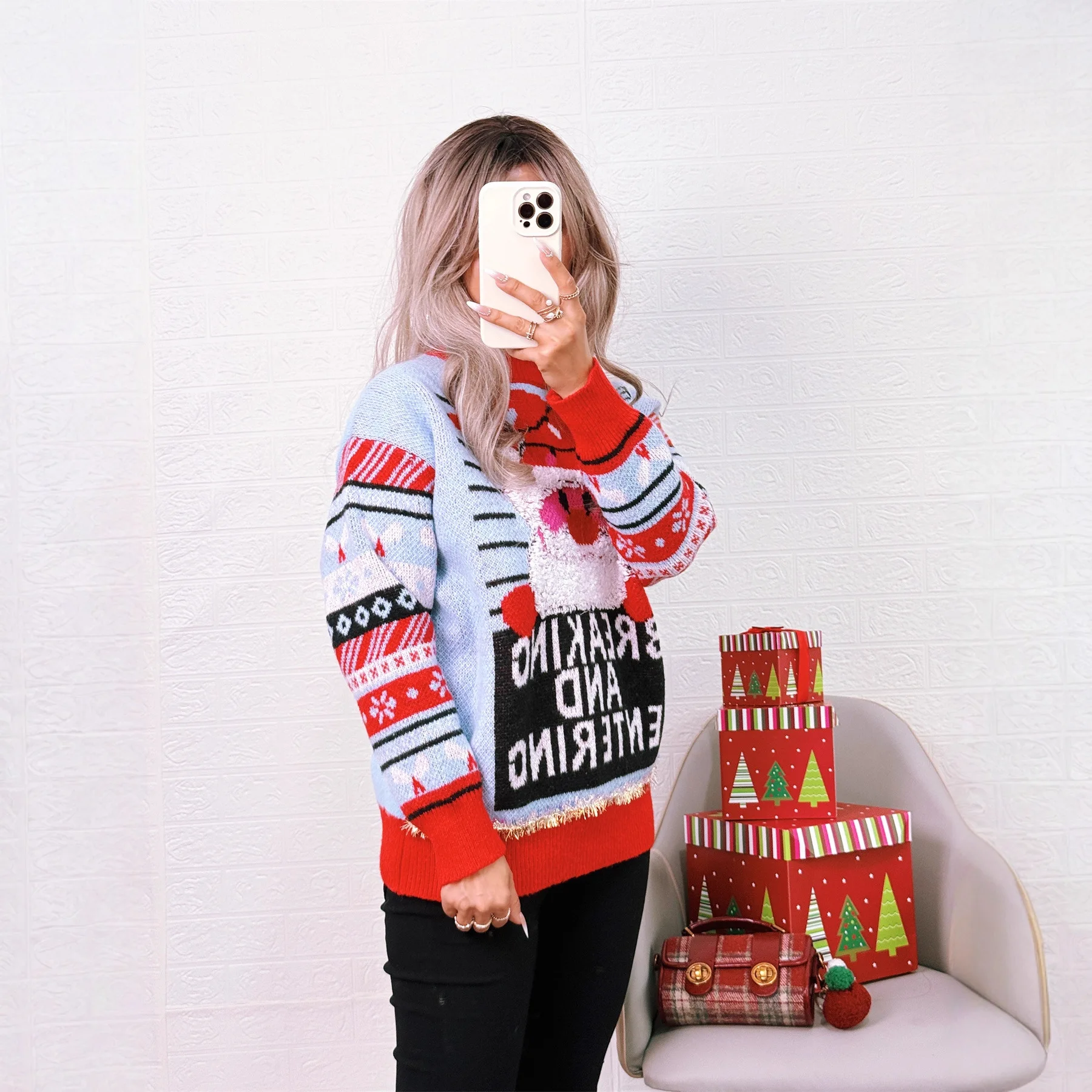 2025 Autumn Winter New Christmas New Jacquard Knitted Top Round Neck Color-Block Casual Unique Sweater 4