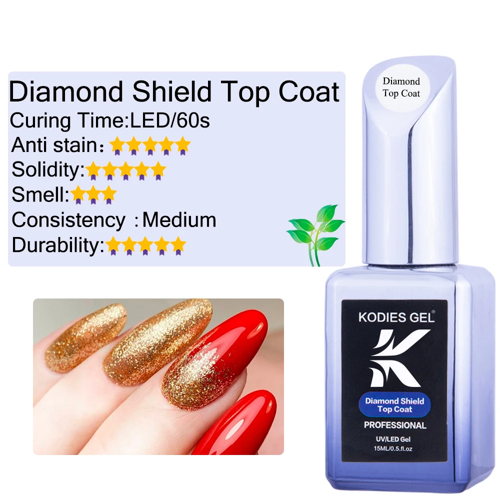 KODIES GEL Diamond Shield Top Coat UV Gel Nail Polish 15ML Semi Permanent LED Scratch Resistant Gel Polish Finish Sealer Nailart