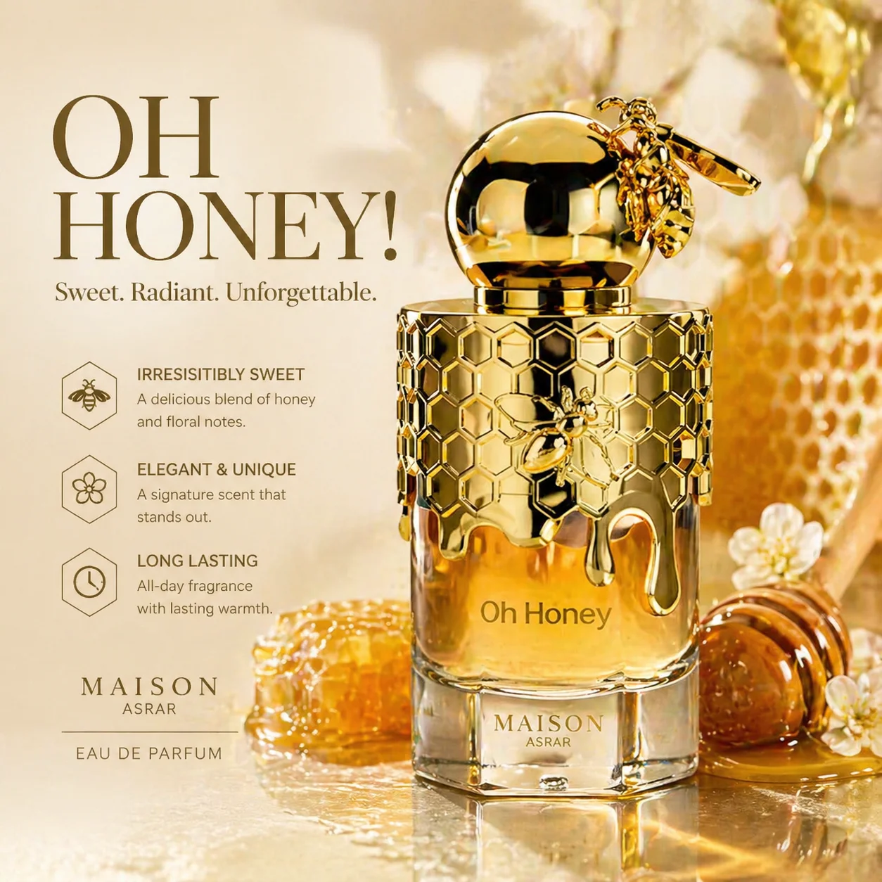 

Maison Asrar Oh Honey! Eau De Parfum 100ml Sweet Floral Fruity Long Lasting Fragrance Unisex Gift Spray Perfume