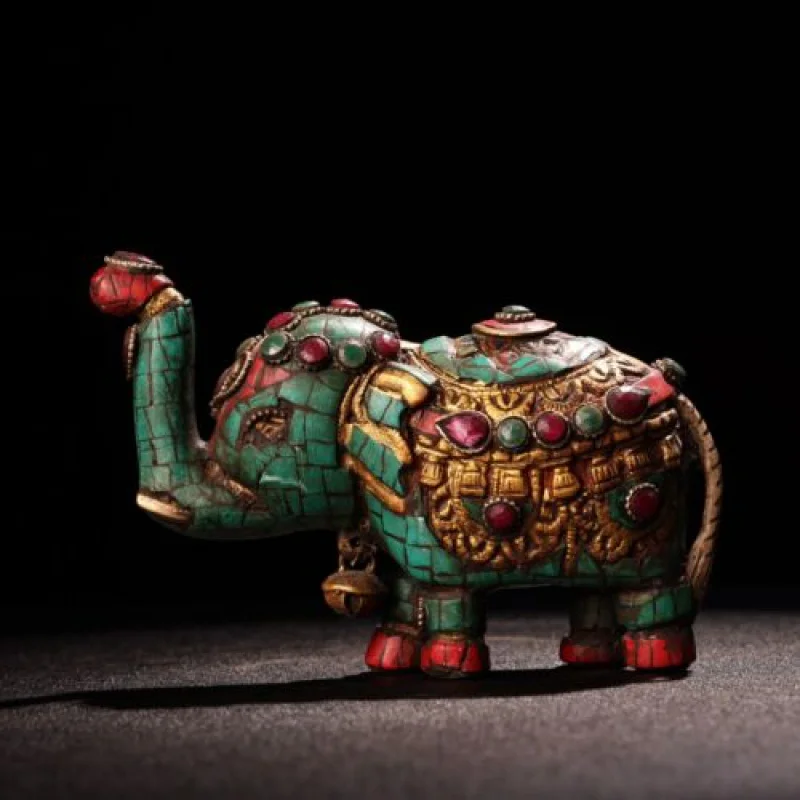 Chinese Old Tibet Pure Copper Inlaid Gem Hand Painted Golden Elephant Statue