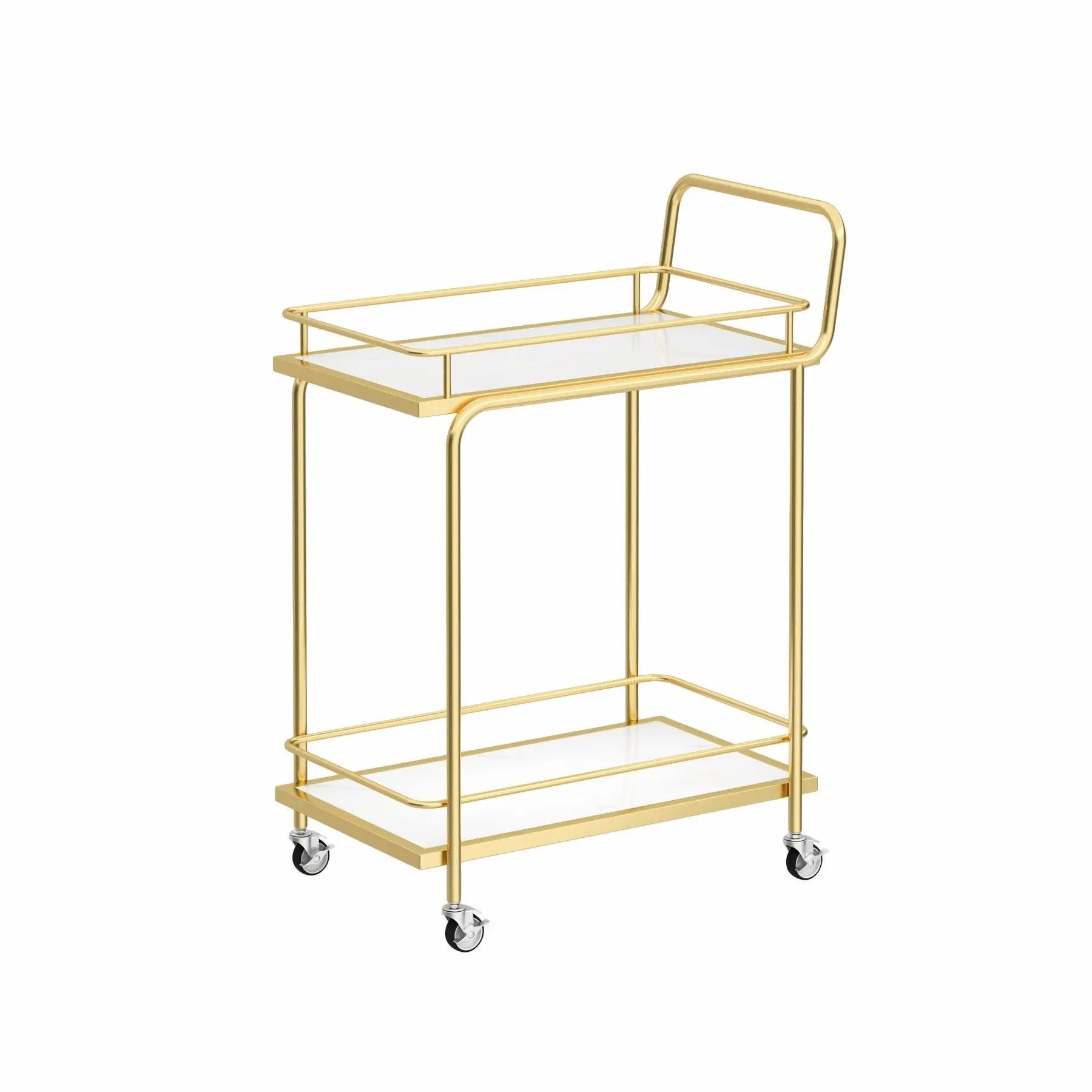 

Modern Luxury 2-Tier Tall Serving Trolley Gold Metal and Glass Frame for Dining Kitchen Living Room or Restaurant Use
