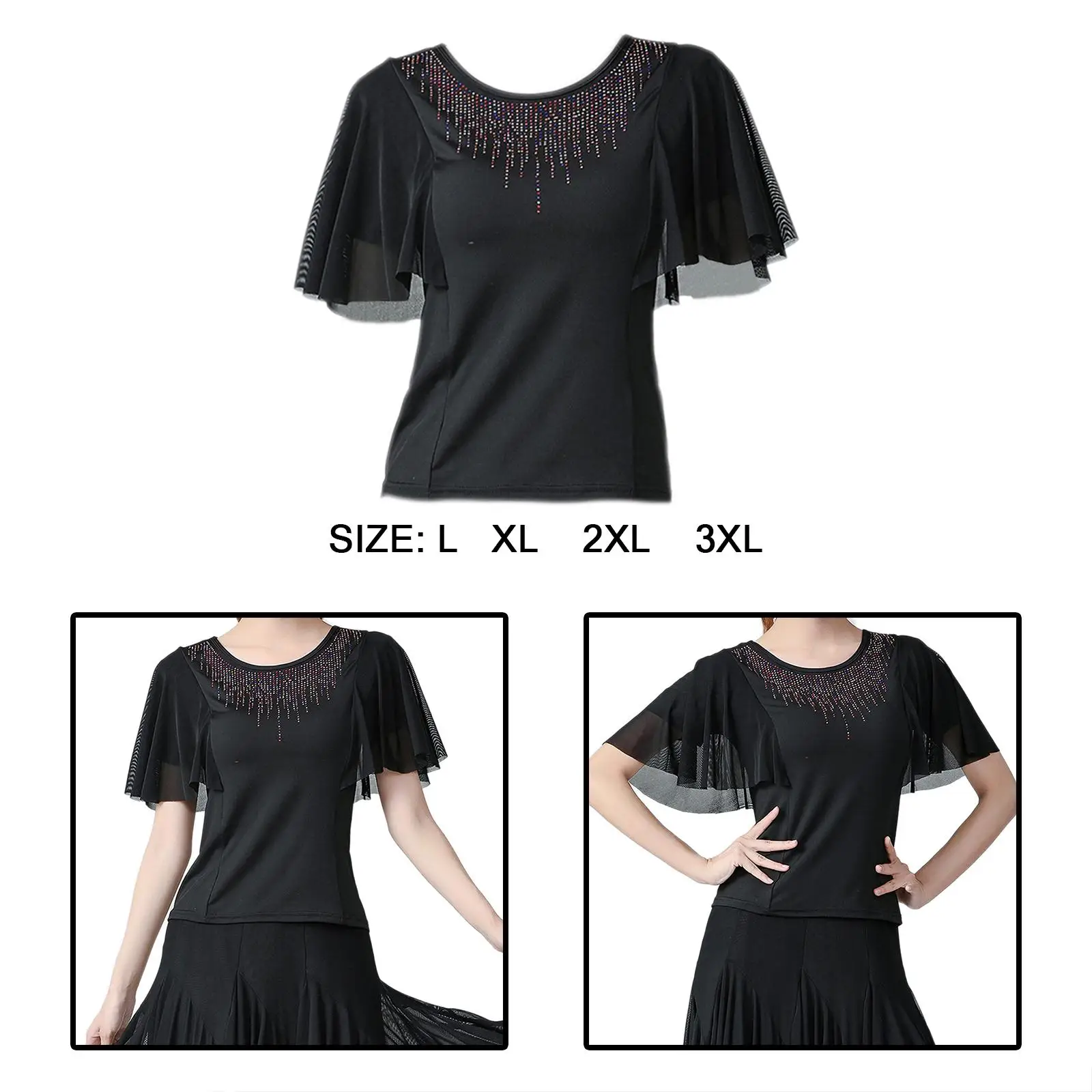 Women Ballroom Dance Tops  Sleeves Colorful Rhinestones Neckline Modern Blouses Performance Wear for Cha Cha Rumba Tango