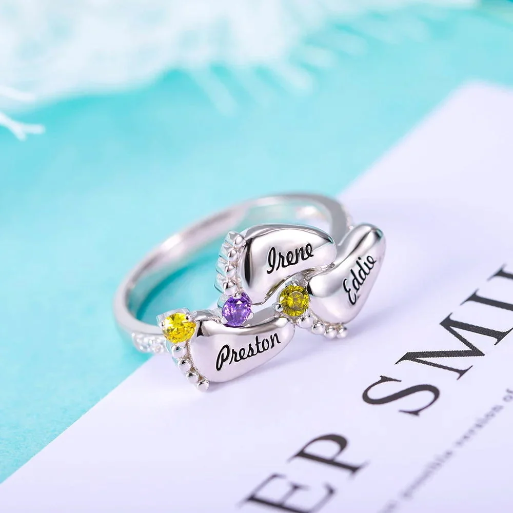 Personalized Baby Feet Engraved Name with Birthstone Rings 925 Sterling Silver Fashion Jewelry Birthday Gifts for Women Mother