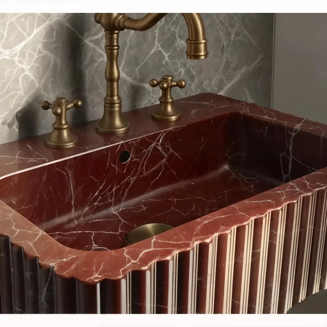 Custom marble stone single basin modern groove rectangular countertop floating sink with faucet drain small bathroom basin set