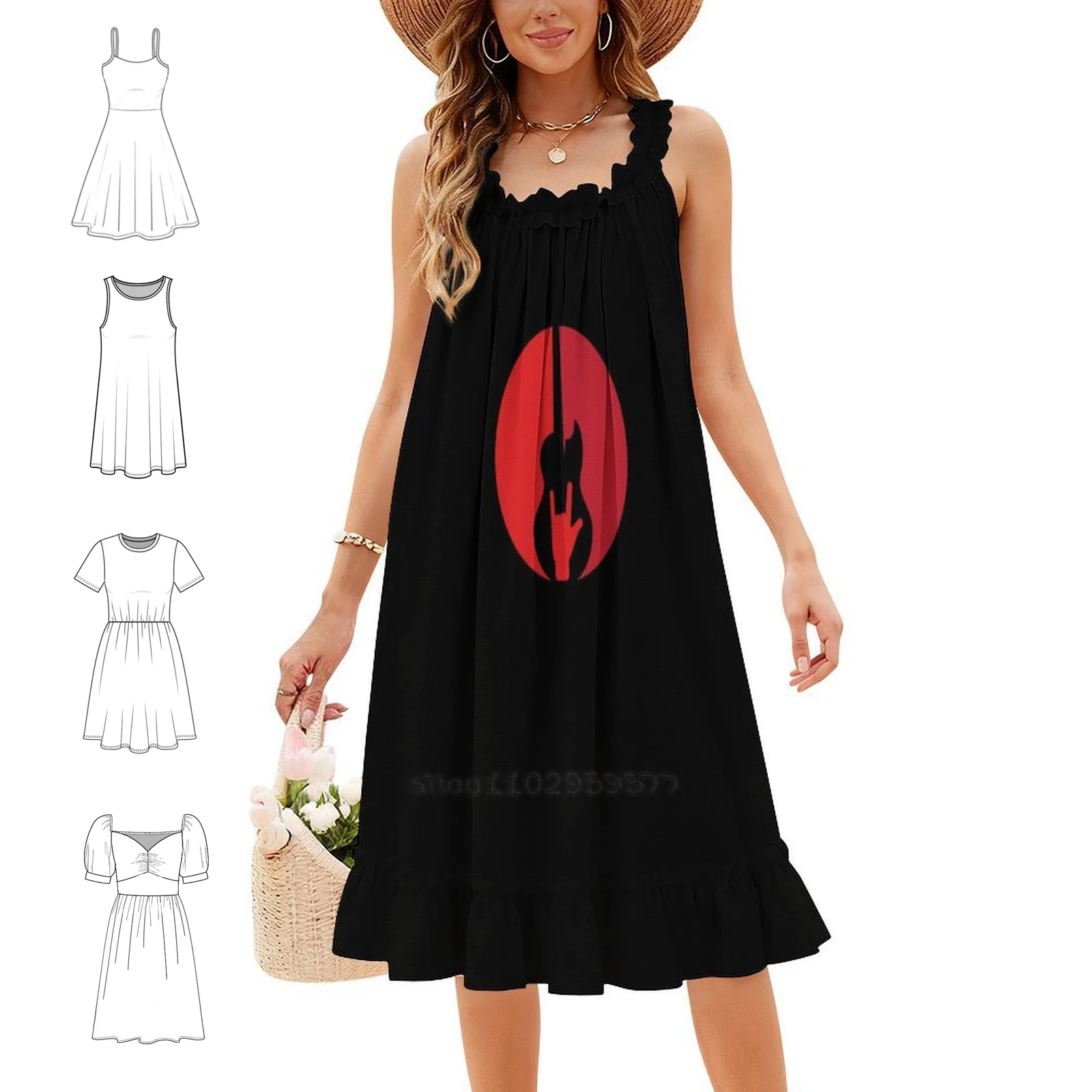 Vestido Boho Chic con Guitarra, Elegante Vestido de Fiesta para Boda en la Playa, Vestido de Rockero con Guitarra, Ropa Femenina con Diseño Musical en Rojo y Blanco