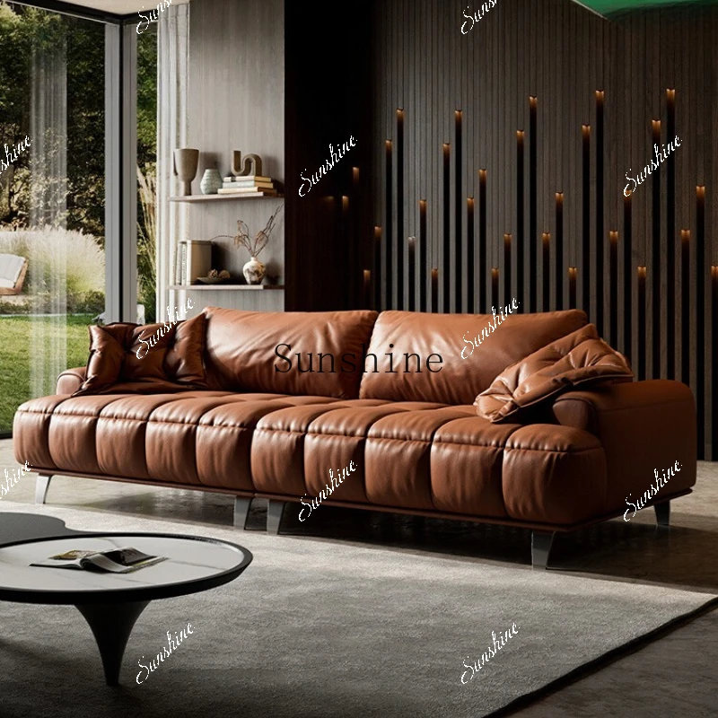 Light luxury high-end villa living room first layer cowhide simple straight row sofa  FT