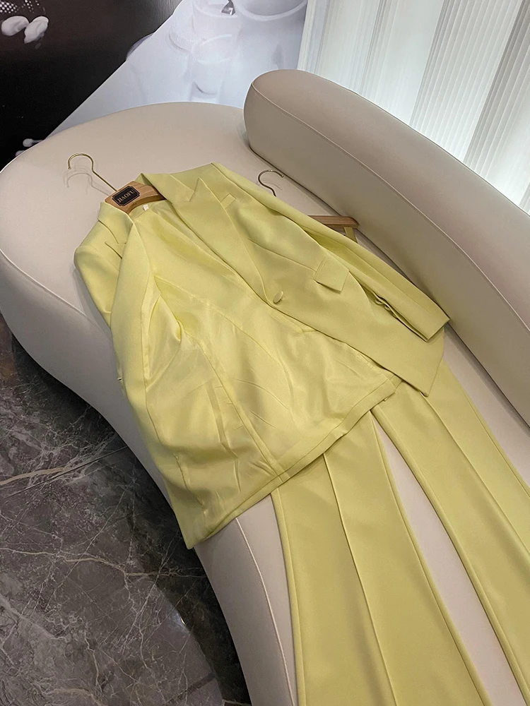 Nuovo design Lady Office Basic Solid Suit Single Button Slim aderente Blazer pantaloni larghi svasati donna 2 pezzi giallo