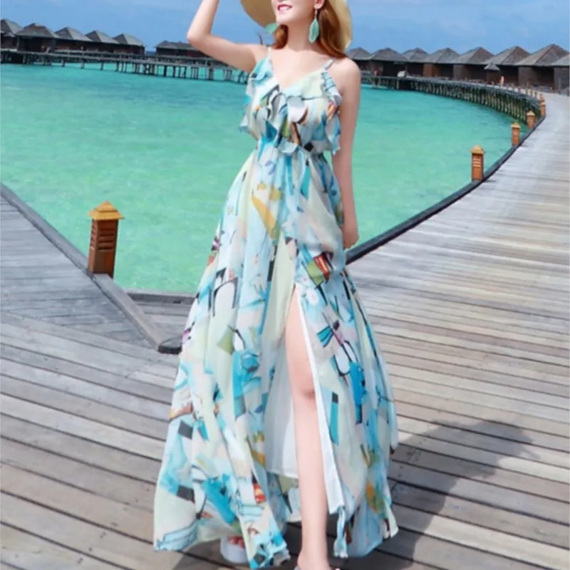 Beach Dress Women's Holiday Bohemian Chiffon Collar Suspender Seaside Long