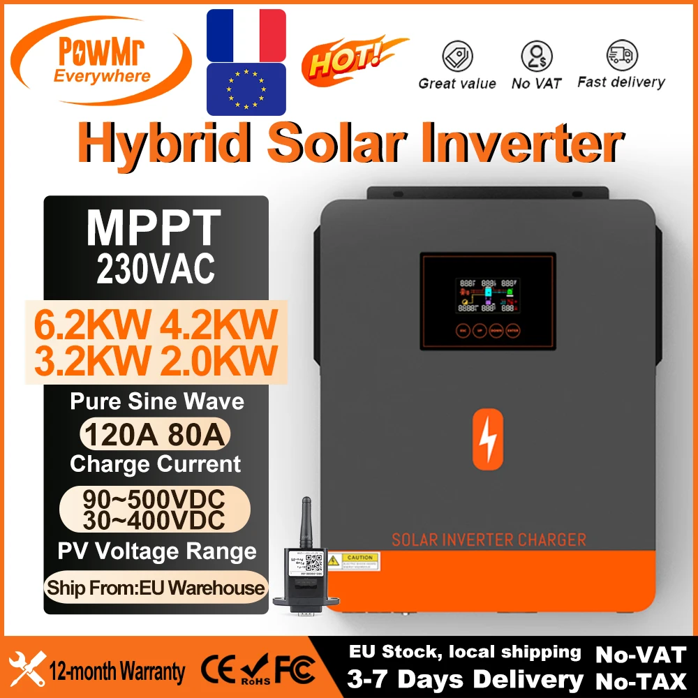 6.2KW/4.2KW/3.2KW/2KW/2KW Hybrid Solar Inverters 48V 24V 12V 220VAC Photovoltaic Pure Sine Wave MPPT 120A 80A Solar Controller