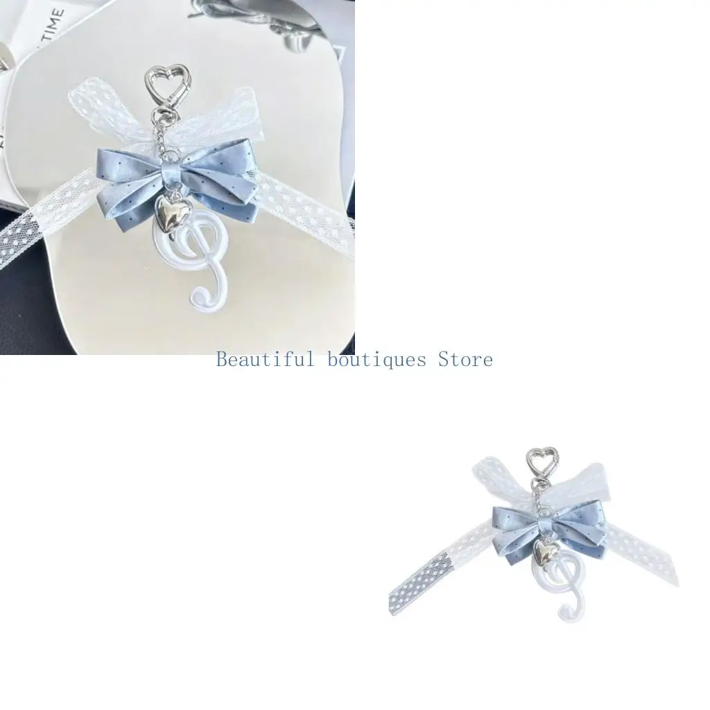 U4LF Heart Clasp Bag Charm with Lace Ribbon Design and Music Note Pendant for Keys, Backpacks and Daily Carry Style