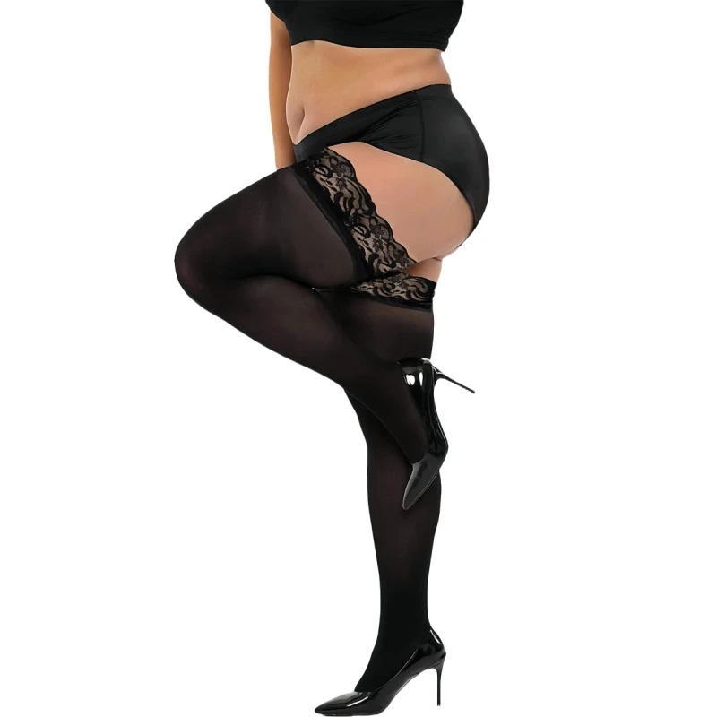 FREEAUCE Sexy Oversized Women Lace Anti-slip Stockings Plus Large Size Ultra Thin Thigh Knee High Girls Fishnet Long Socks XXXXL