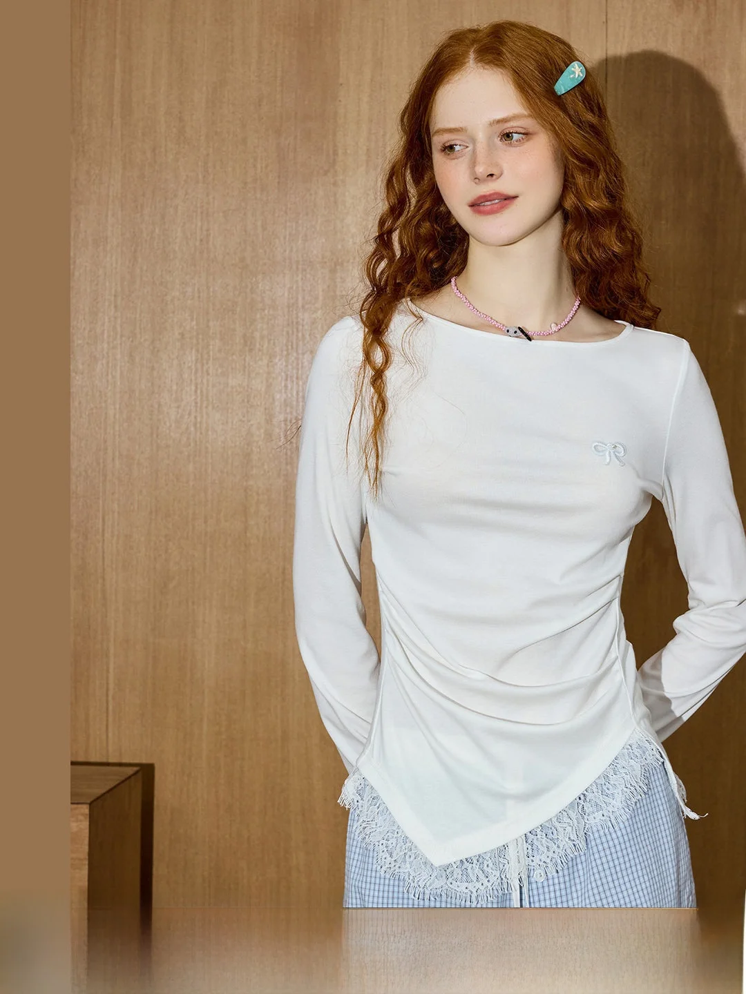 Coolhut Romantic Japanese Style Long Sleeve T-Shirt Women's Lace Patchwork Drawstring Design Top Cleanfit Universal Waist Ela...