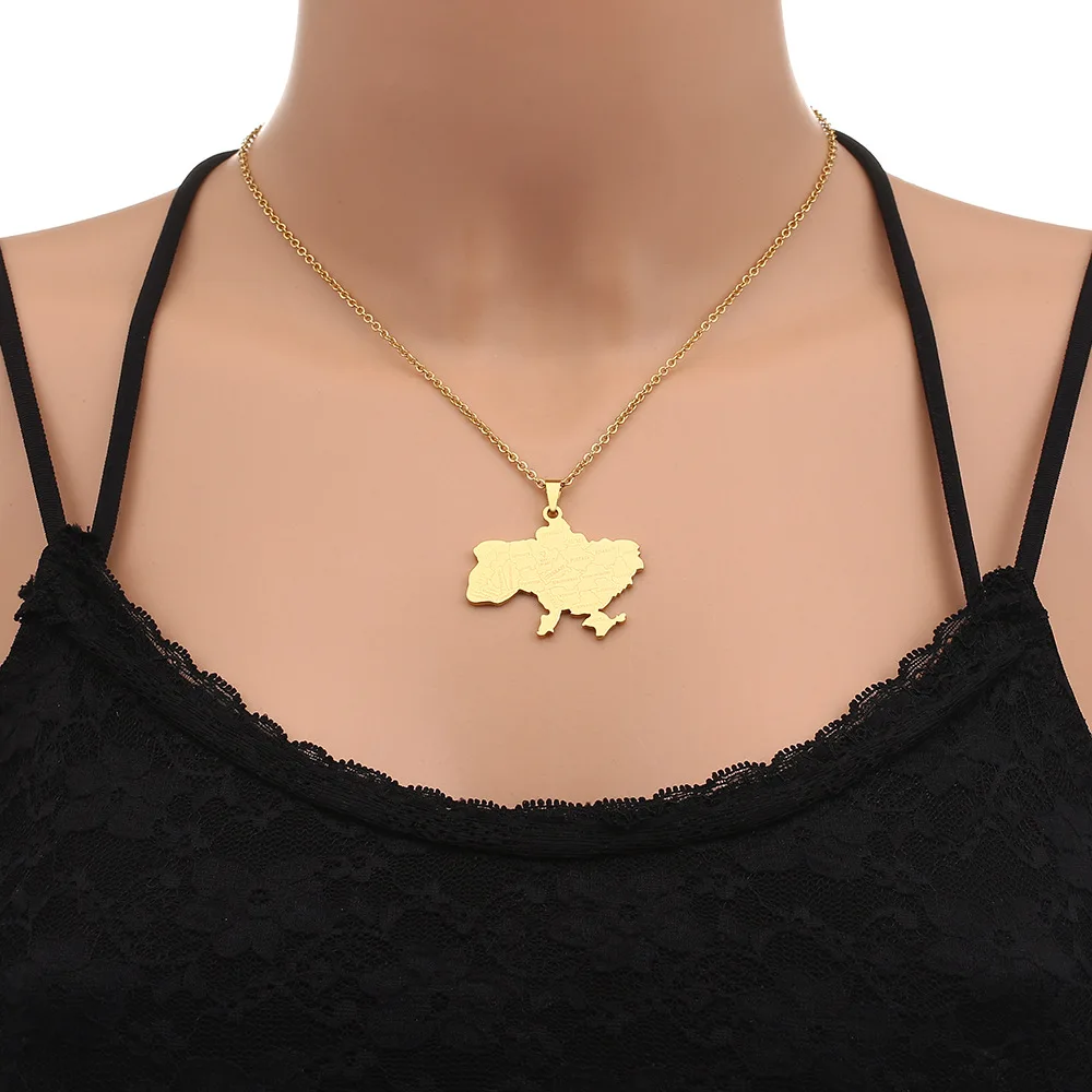 2024 new fashion stainless just Ukraine map with city pendant necklace temperament everything collarbone chain birthday annivers image 4