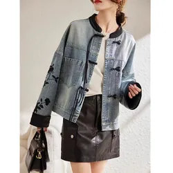 2025 New Vintage print Denim Jacket Women Spring Autumn fashion Long sleeve Jeans Short Coat female Loose Cowboy Outwear T167