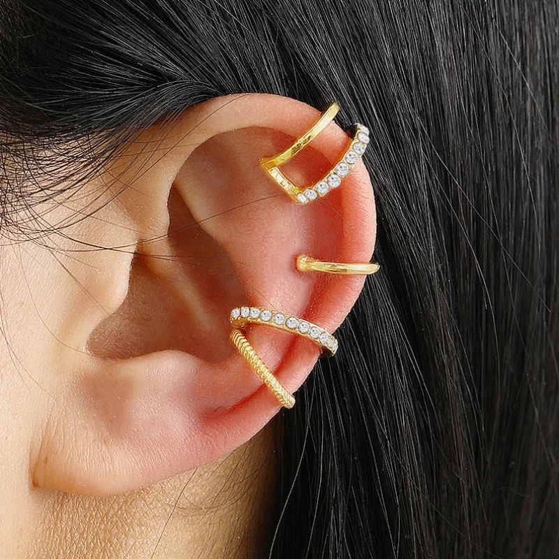 Juego de 4 pendientes para mujer, sin perforación, cartílago delicado, circonita cúbica chapada en oro pequeña, pendiente de aro Huggie