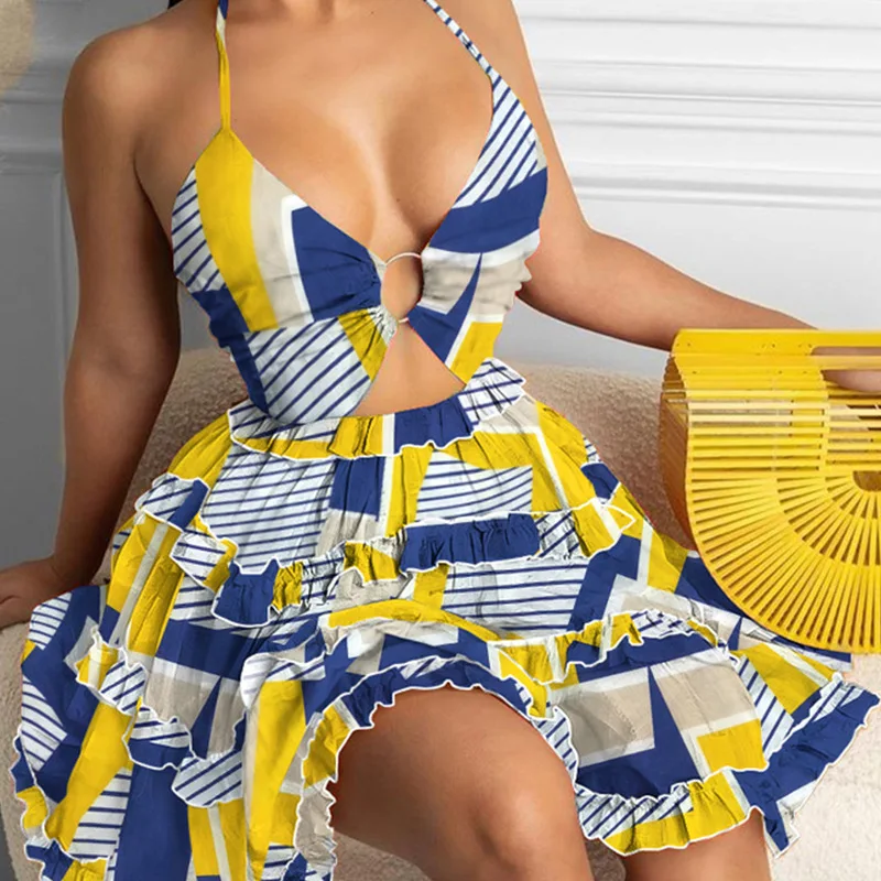 Letnie nowe drukowane sukienki mini na szyi dla kobiet Seksowny głęboki dekolt w szpic Wydrążona sukienka bez pleców Sukienka plażowa Vestido Feminino