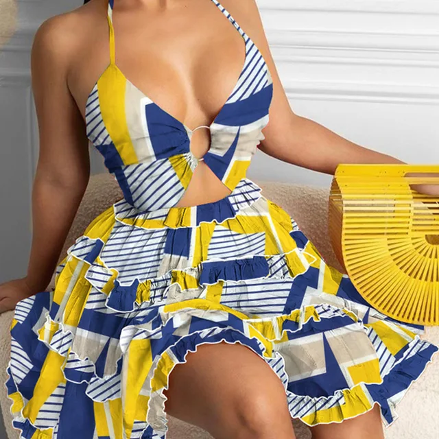 Letnie nowe drukowane sukienki mini na szyi dla kobiet Seksowny głęboki dekolt w szpic Wydrążona sukienka bez pleców Sukienka plażowa Vestido Feminino
