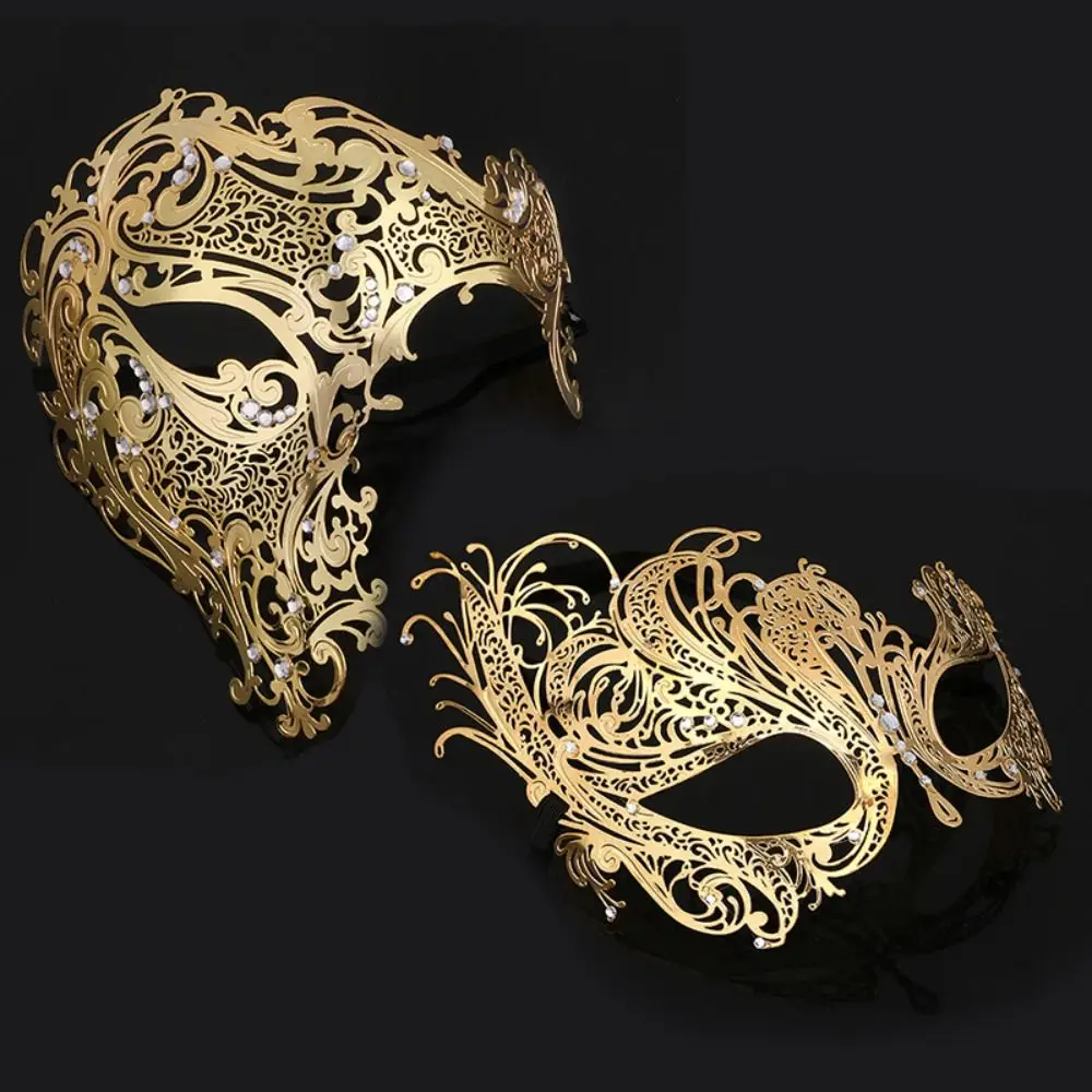 Black Gold Skull Metal Mask Halloween Rhinestone Half Face Venetian Masquerade Men White Women Skull Party Mask