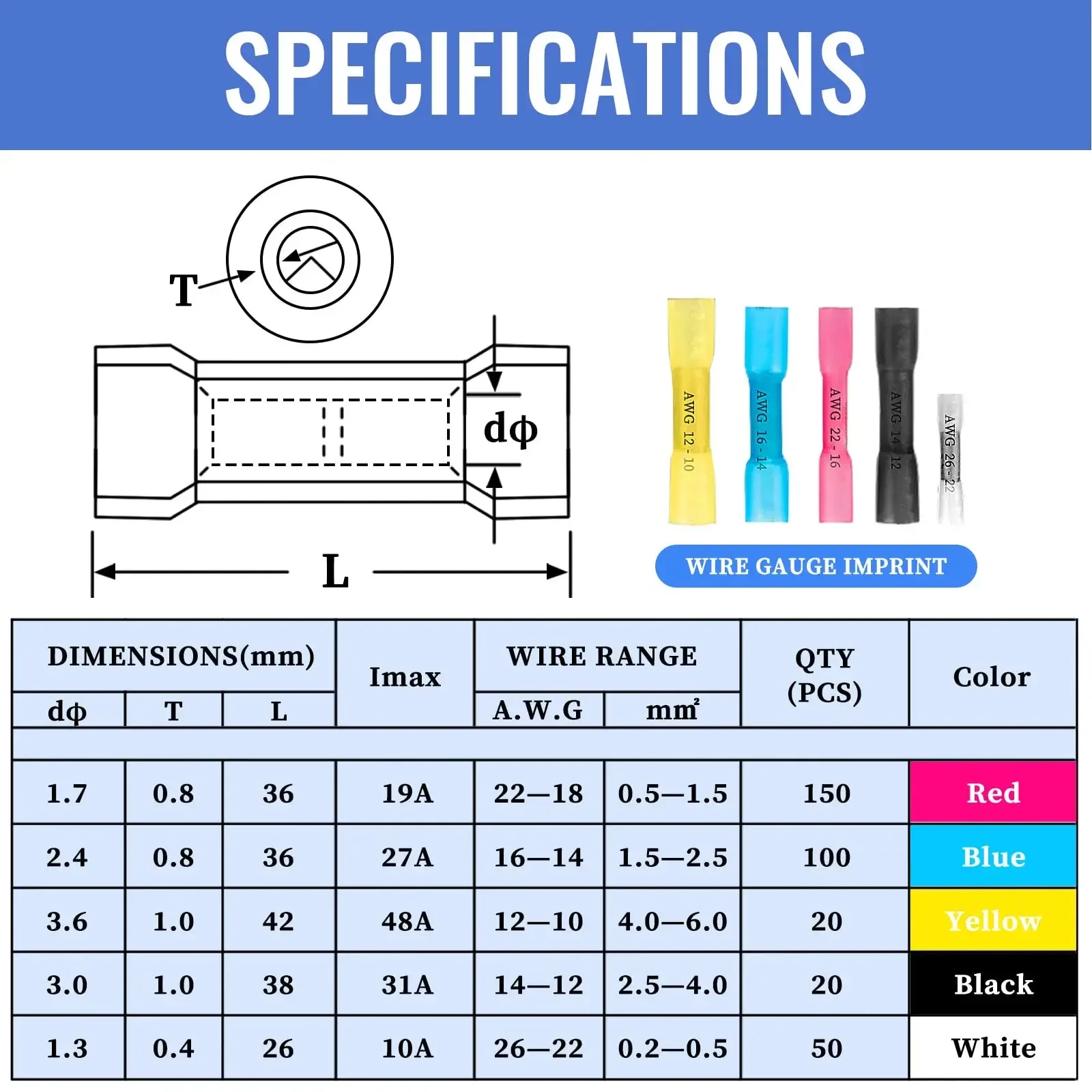 25/50/100PCS White Heat Shrink Butt Terminals Insulated Electrical Wire Connectors 26-24 AWG Cable Crimping Terminals Connector