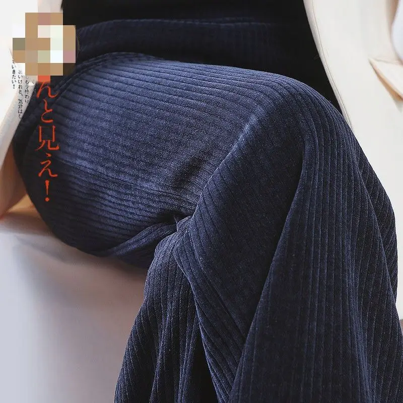Simplicity Autumn Winter Corduroy Pants Women Solid Pockets Elastic High Waist Fashion Straight Wide Leg Ankle Length Trousers