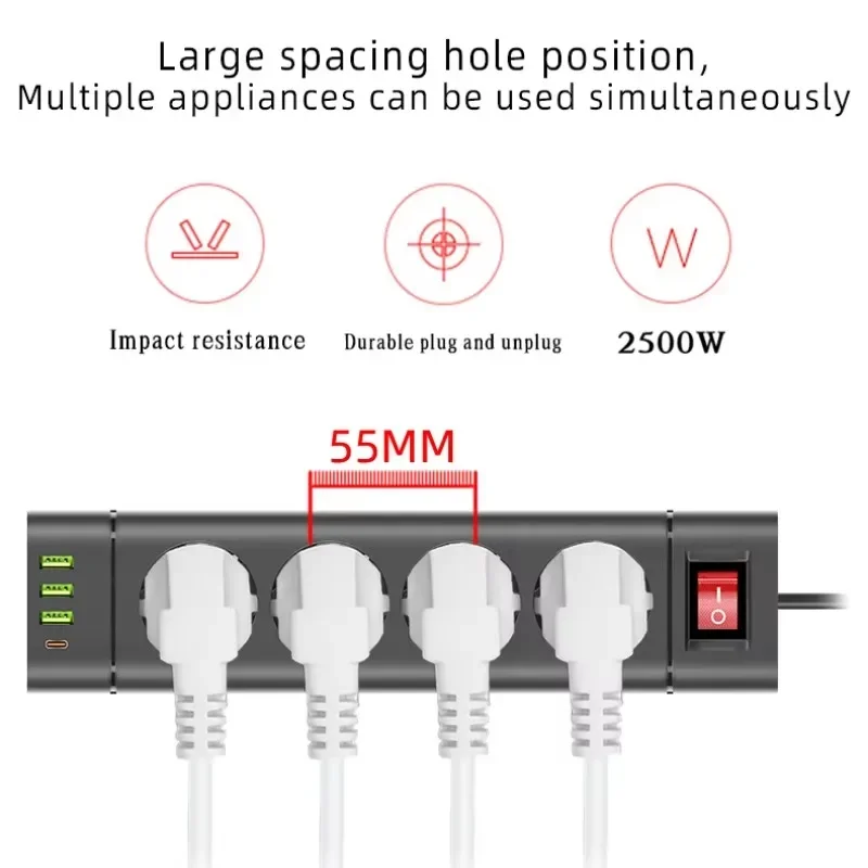 الاتحاد الأوروبي التوصيل قطاع الطاقة تيار مستمر منفذ تمديد الحبل 3/4/5 مقبس كهربائي مع 3 USB نوع-C ميناء 2500 واط متعدد الاتصال الأجهزة المنزلية #2